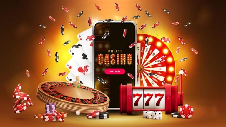 online-casino-banner-with-smartphone-casino-slot-machine-roulette-playing-cards-poker-chips-and-casino-wheel-fortune-on-gold-background-with-bokeh-3d-realistic-illustration-vector